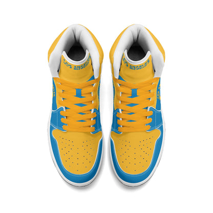 Los Angeles football-inspired Jamrock High top sneakers in aqua and gold with LA monogram collar and skyline artwork inside a football