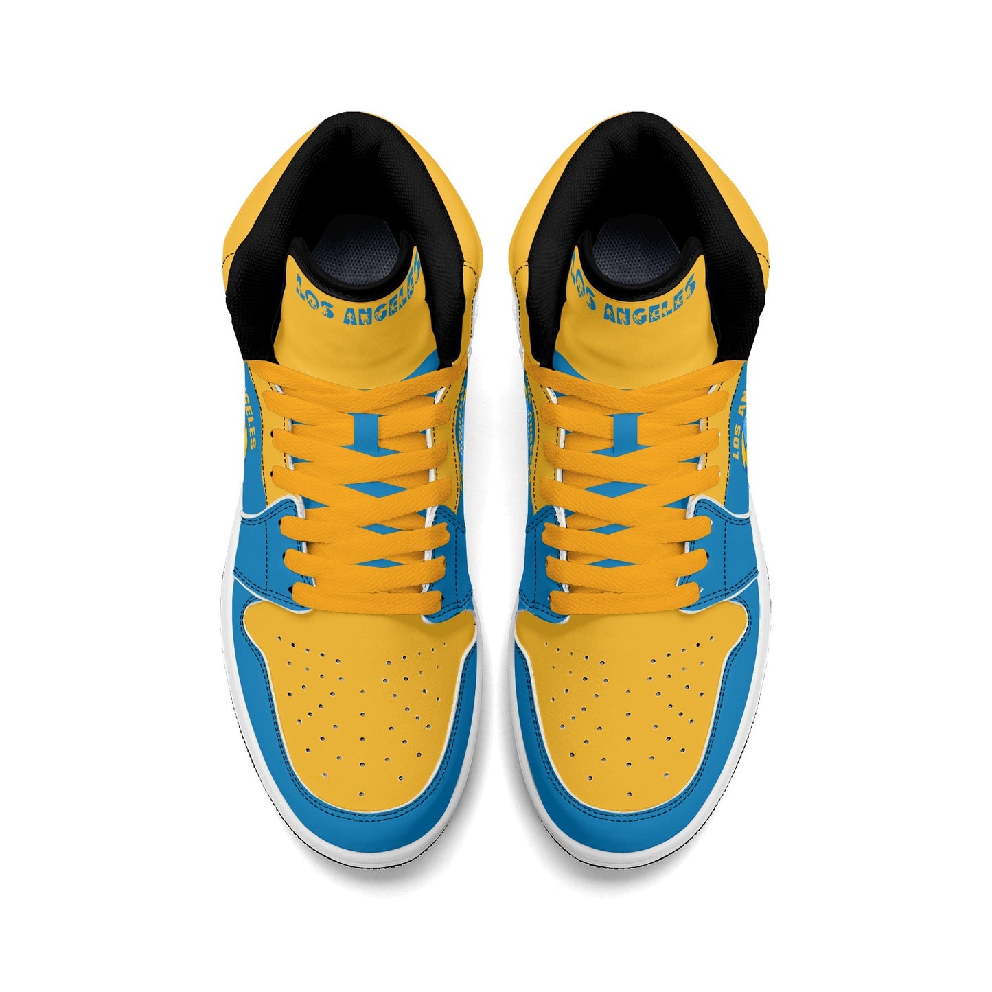 Los Angeles football-inspired Jamrock High top sneakers in aqua and gold with LA monogram collar and skyline artwork inside a football