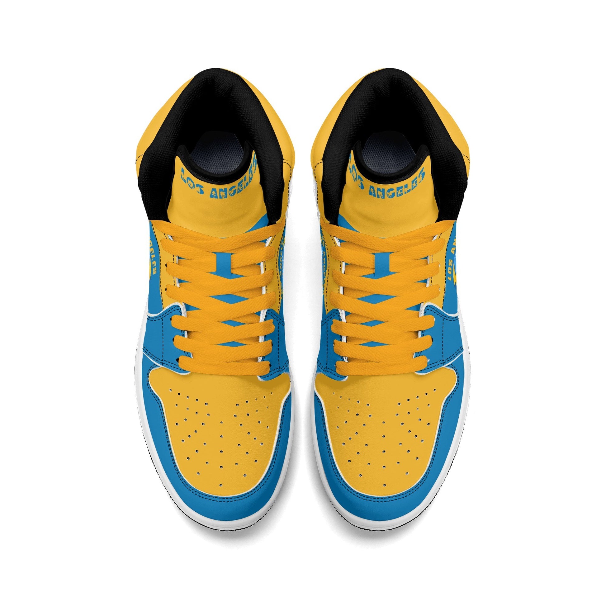 Los Angeles football-inspired Jamrock High top sneakers in aqua and gold with LA monogram collar and skyline artwork inside a football