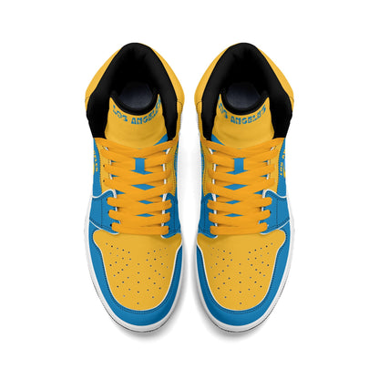 Los Angeles football-inspired Jamrock High top sneakers in aqua and gold with LA monogram collar and skyline artwork inside a football