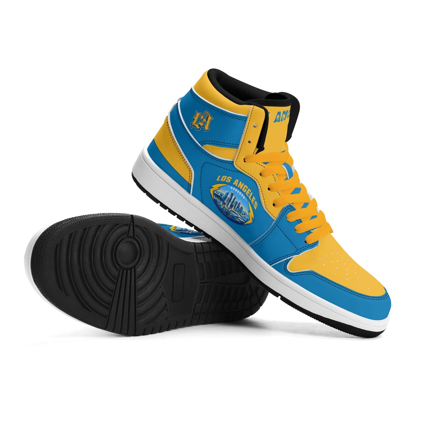 Los Angeles football-inspired Jamrock High top sneakers in aqua and gold with LA monogram collar and skyline artwork inside a football