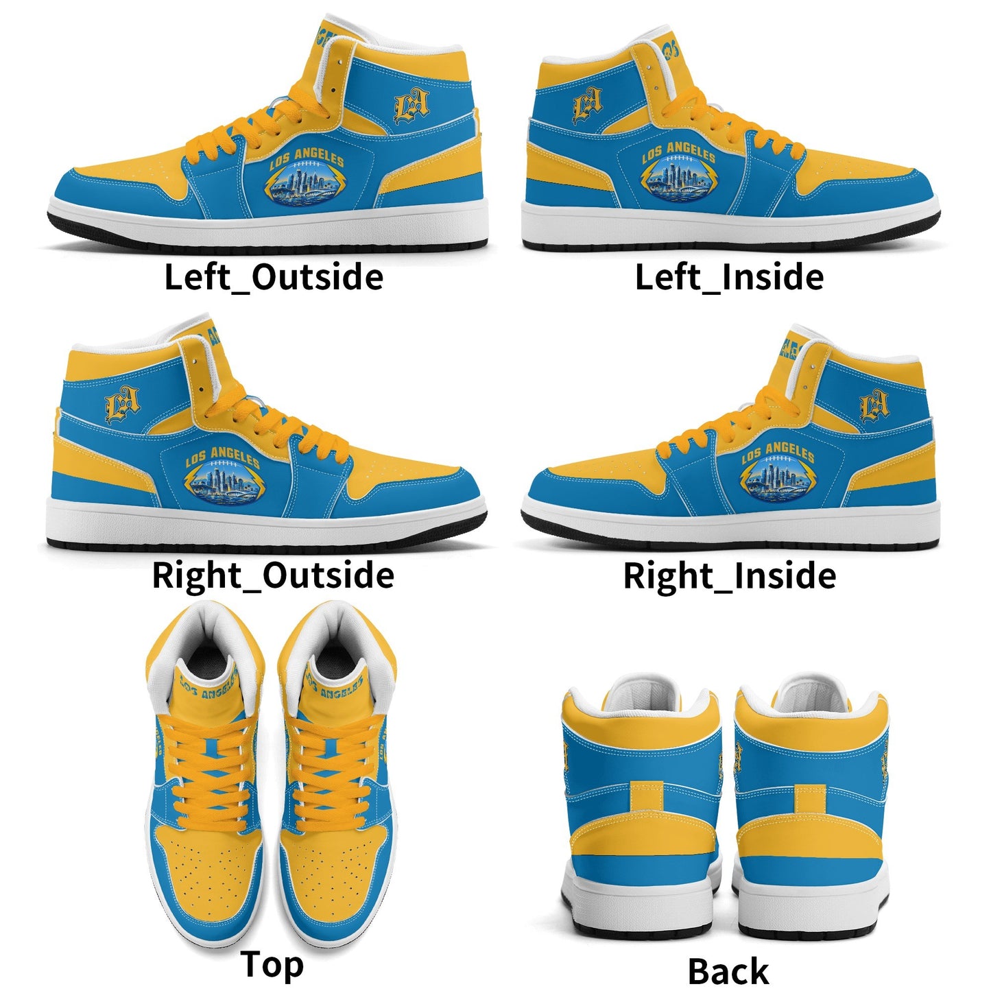 Los Angeles football-inspired Jamrock High top sneakers in aqua and gold with LA monogram collar and skyline artwork inside a football