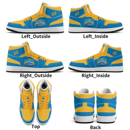 Los Angeles football-inspired Jamrock High top sneakers in aqua and gold with LA monogram collar and skyline artwork inside a football