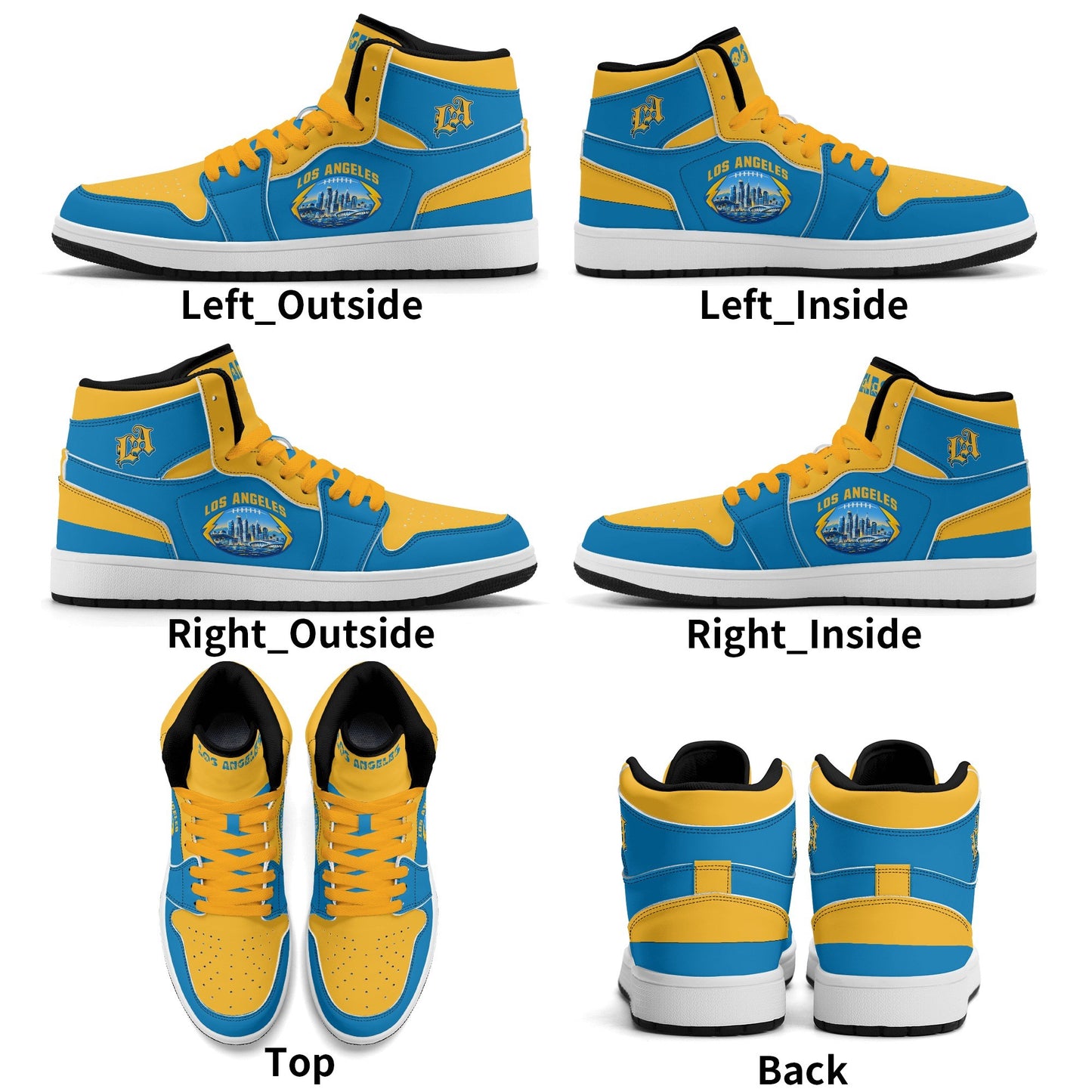 Los Angeles football-inspired Jamrock High top sneakers in aqua and gold with LA monogram collar and skyline artwork inside a football