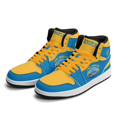 Los Angeles football-inspired Jamrock High top sneakers in aqua and gold with LA monogram collar and skyline artwork inside a football