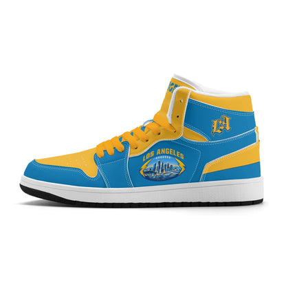 Los Angeles football-inspired Jamrock High top sneakers in aqua and gold with LA monogram collar and skyline artwork inside a football