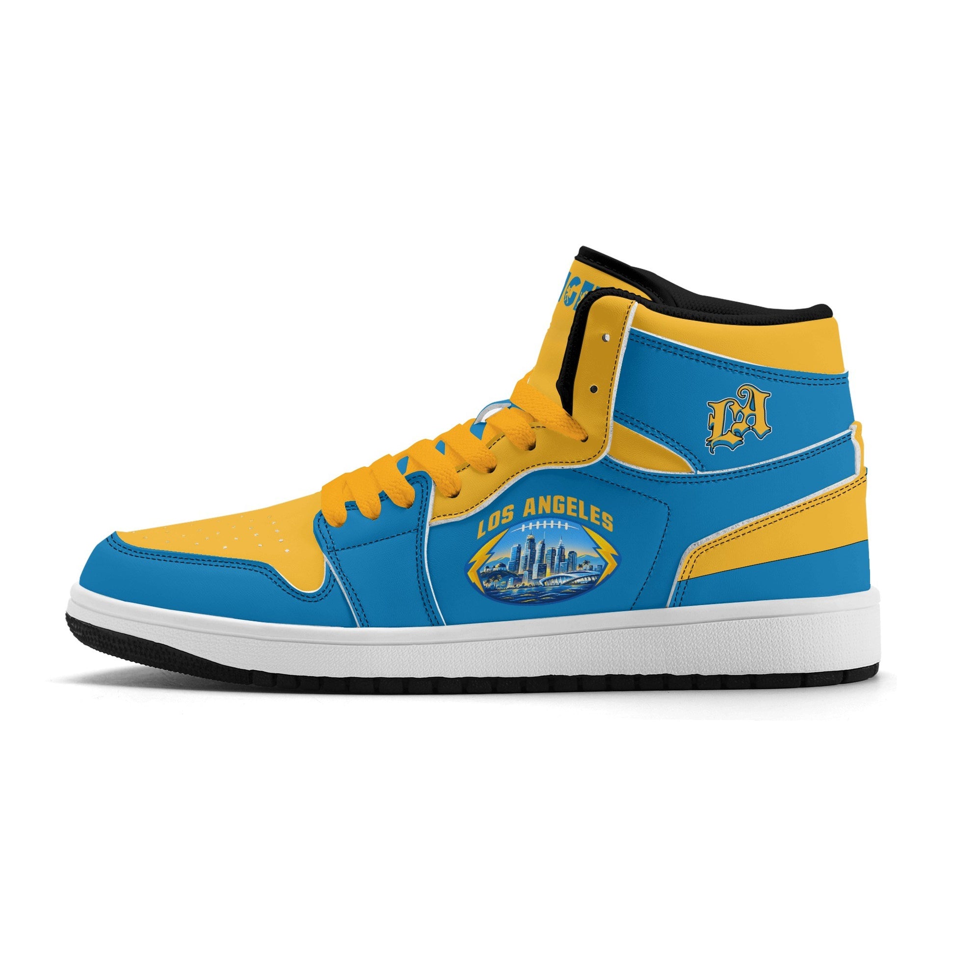 Los Angeles football-inspired Jamrock High top sneakers in aqua and gold with LA monogram collar and skyline artwork inside a football