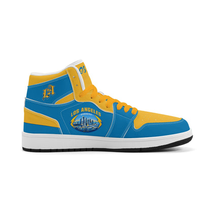 Los Angeles football-inspired Jamrock High top sneakers in aqua and gold with LA monogram collar and skyline artwork inside a football