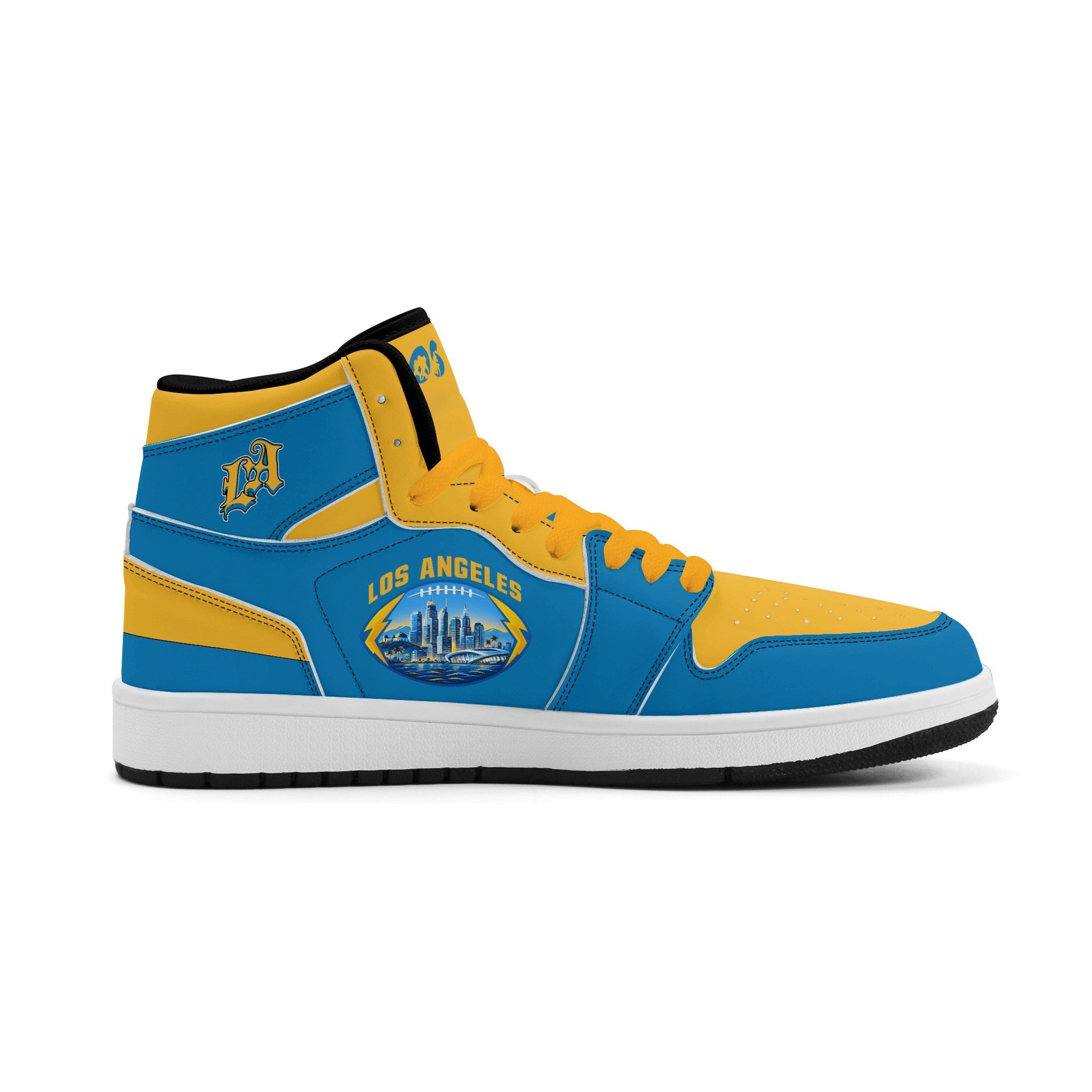 Los Angeles football-inspired Jamrock High top sneakers in aqua and gold with LA monogram collar and skyline artwork inside a football
