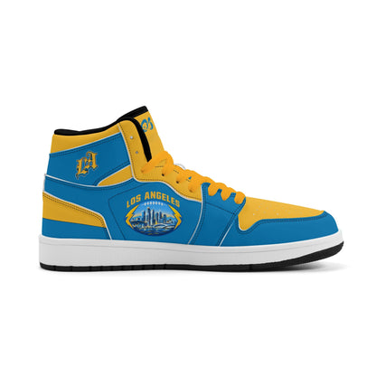 Los Angeles football-inspired Jamrock High top sneakers in aqua and gold with LA monogram collar and skyline artwork inside a football