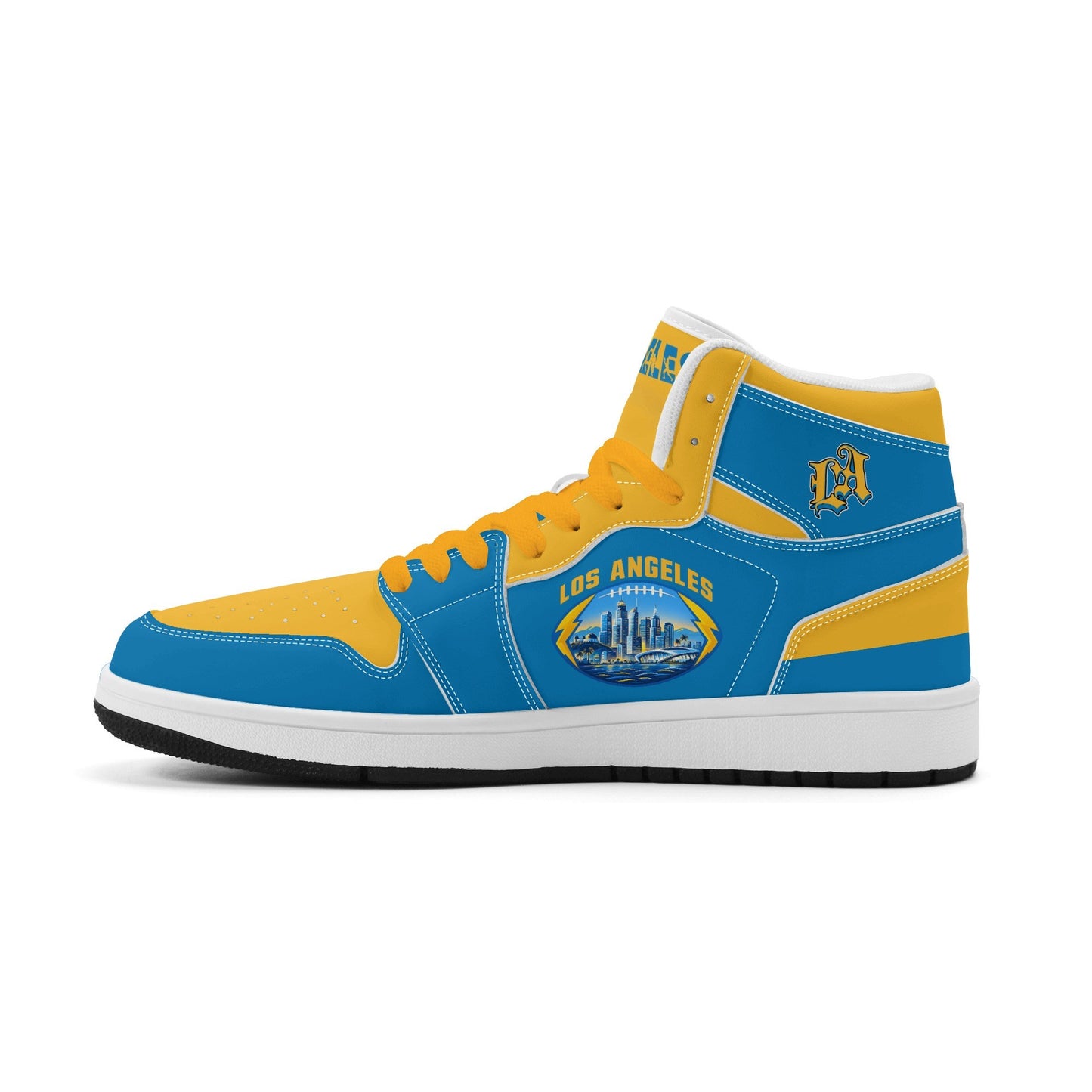 Los Angeles football-inspired Jamrock High top sneakers in aqua and gold with LA monogram collar and skyline artwork inside a football