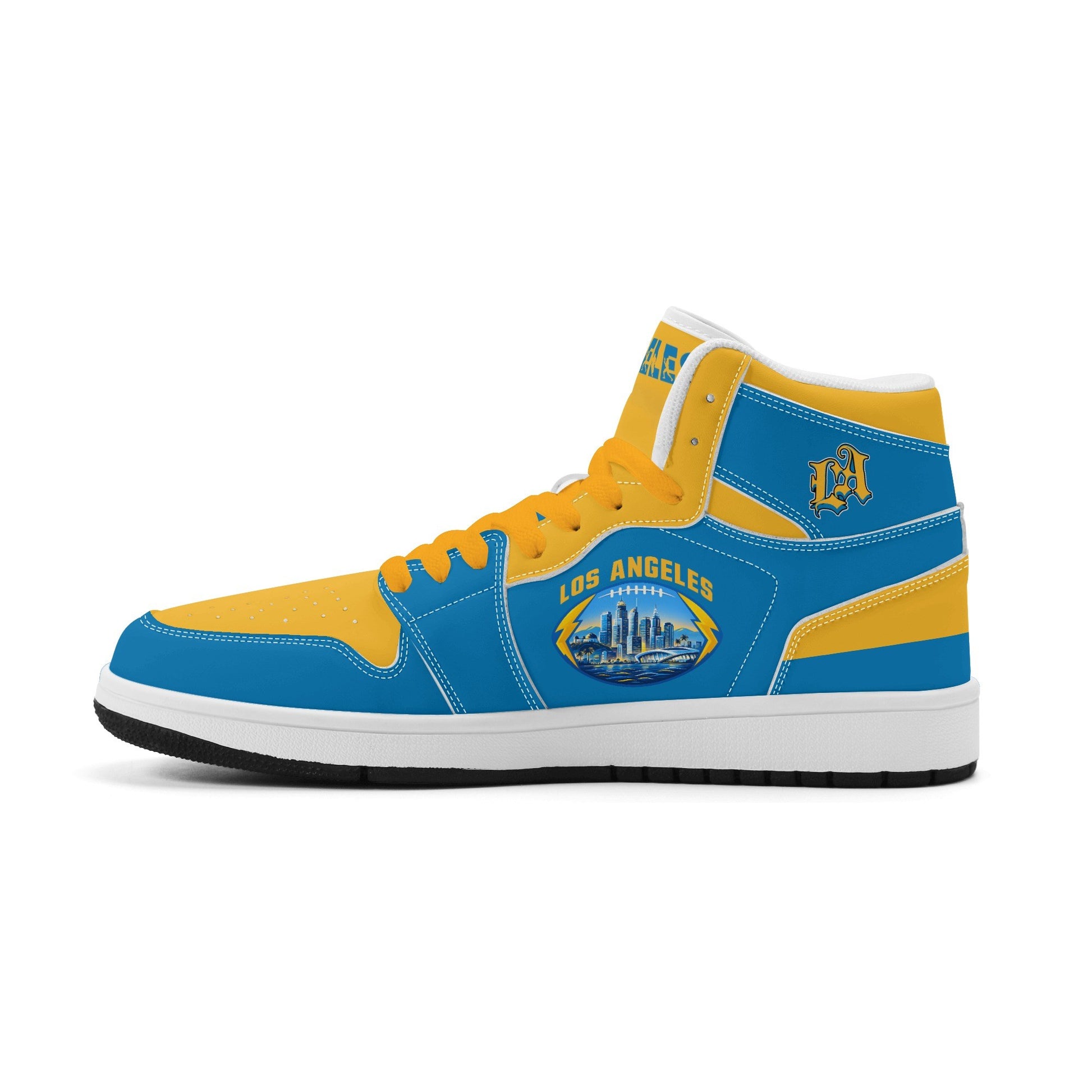 Los Angeles football-inspired Jamrock High top sneakers in aqua and gold with LA monogram collar and skyline artwork inside a football
