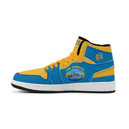 Los Angeles football-inspired Jamrock High top sneakers in aqua and gold with LA monogram collar and skyline artwork inside a football