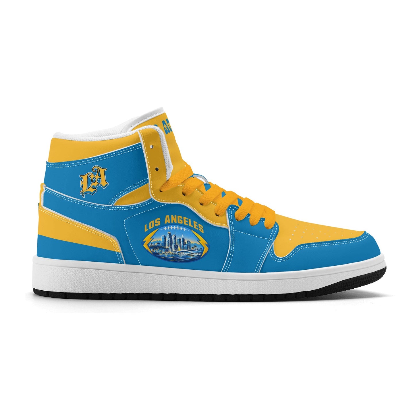 Los Angeles football-inspired Jamrock High top sneakers in aqua and gold with LA monogram collar and skyline artwork inside a football