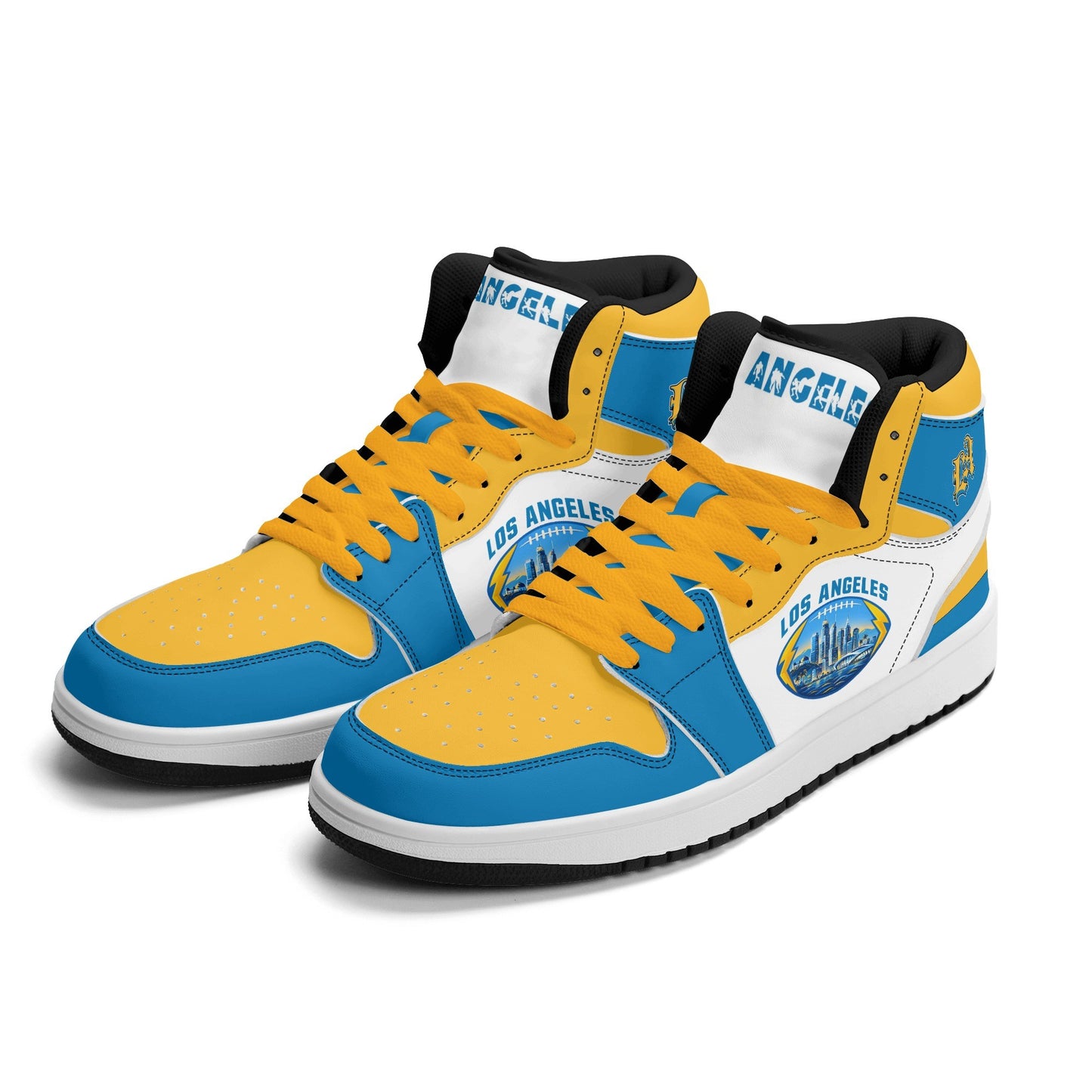 Los Angeles football-inspired Jamrock High top sneakers in blue, gold and white with LA monogram collar and skyline artwork inside a football