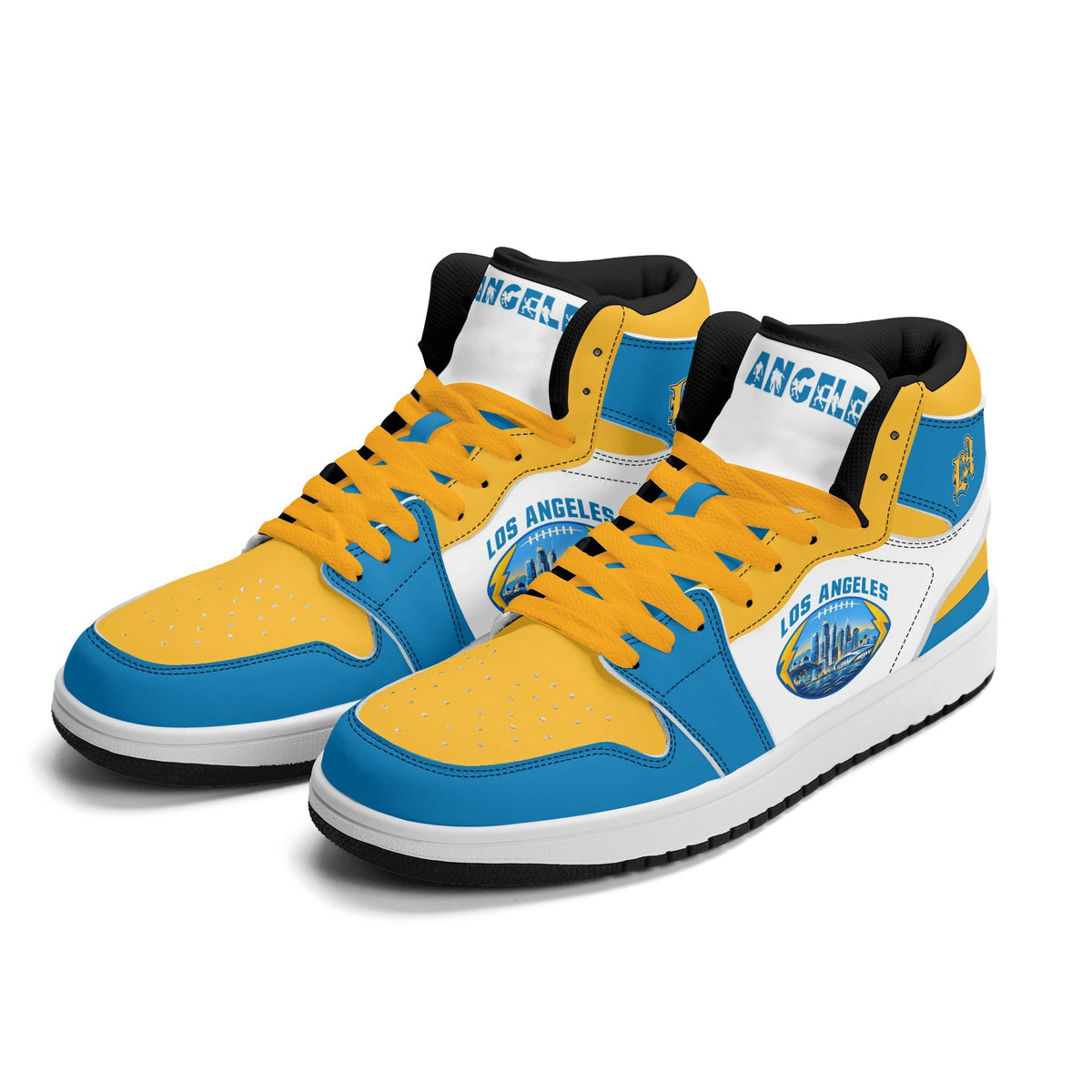 Los Angeles football-inspired Jamrock High top sneakers in blue, gold and white with LA monogram collar and skyline artwork inside a football