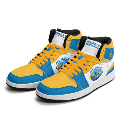 Los Angeles football-inspired Jamrock High top sneakers in blue, gold and white with LA monogram collar and skyline artwork inside a football