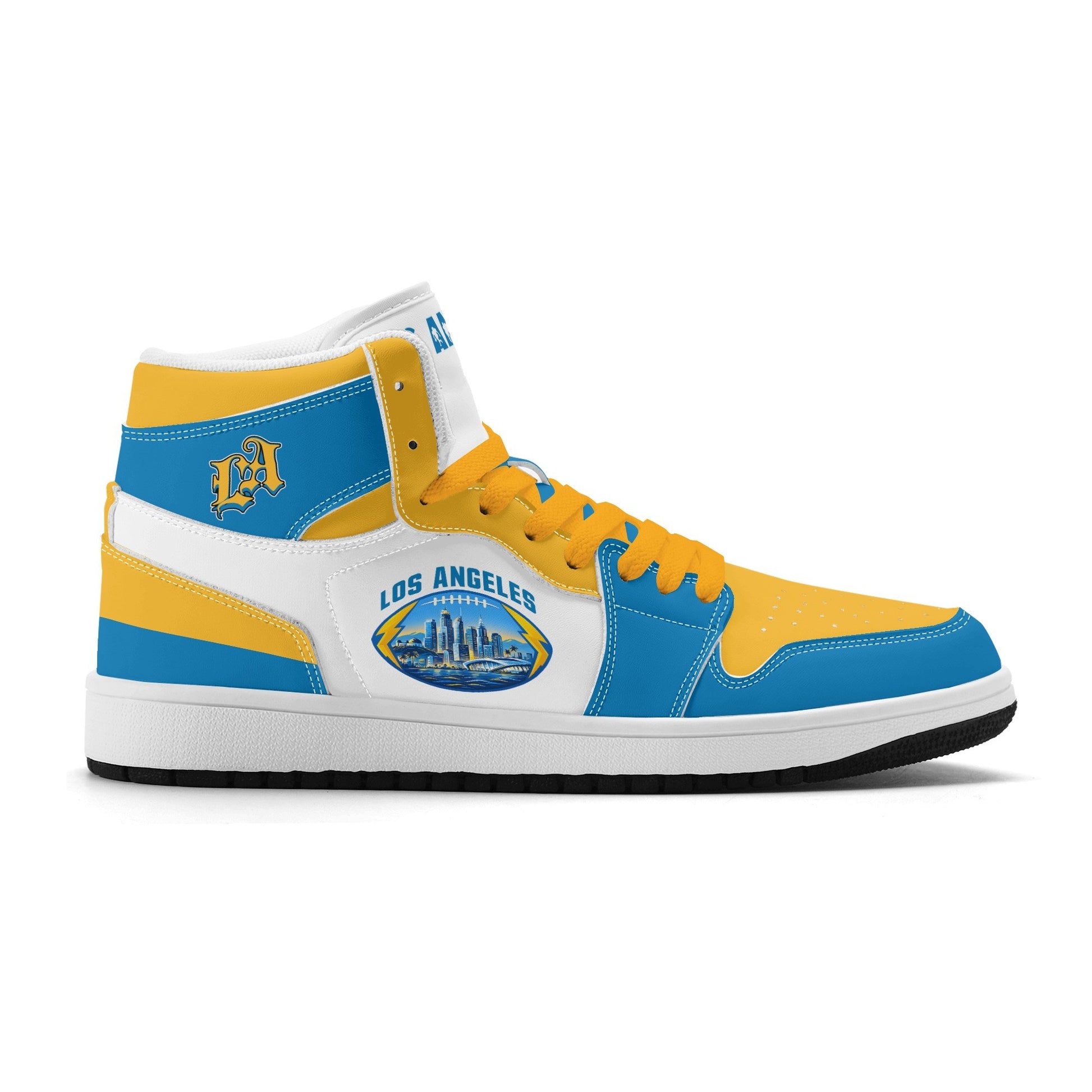Los Angeles football-inspired Jamrock High top sneakers in blue, gold and white with LA monogram collar and skyline artwork inside a football