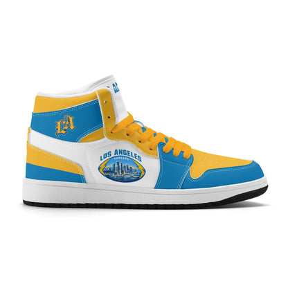 Los Angeles football-inspired Jamrock High top sneakers in blue, gold and white with LA monogram collar and skyline artwork inside a football
