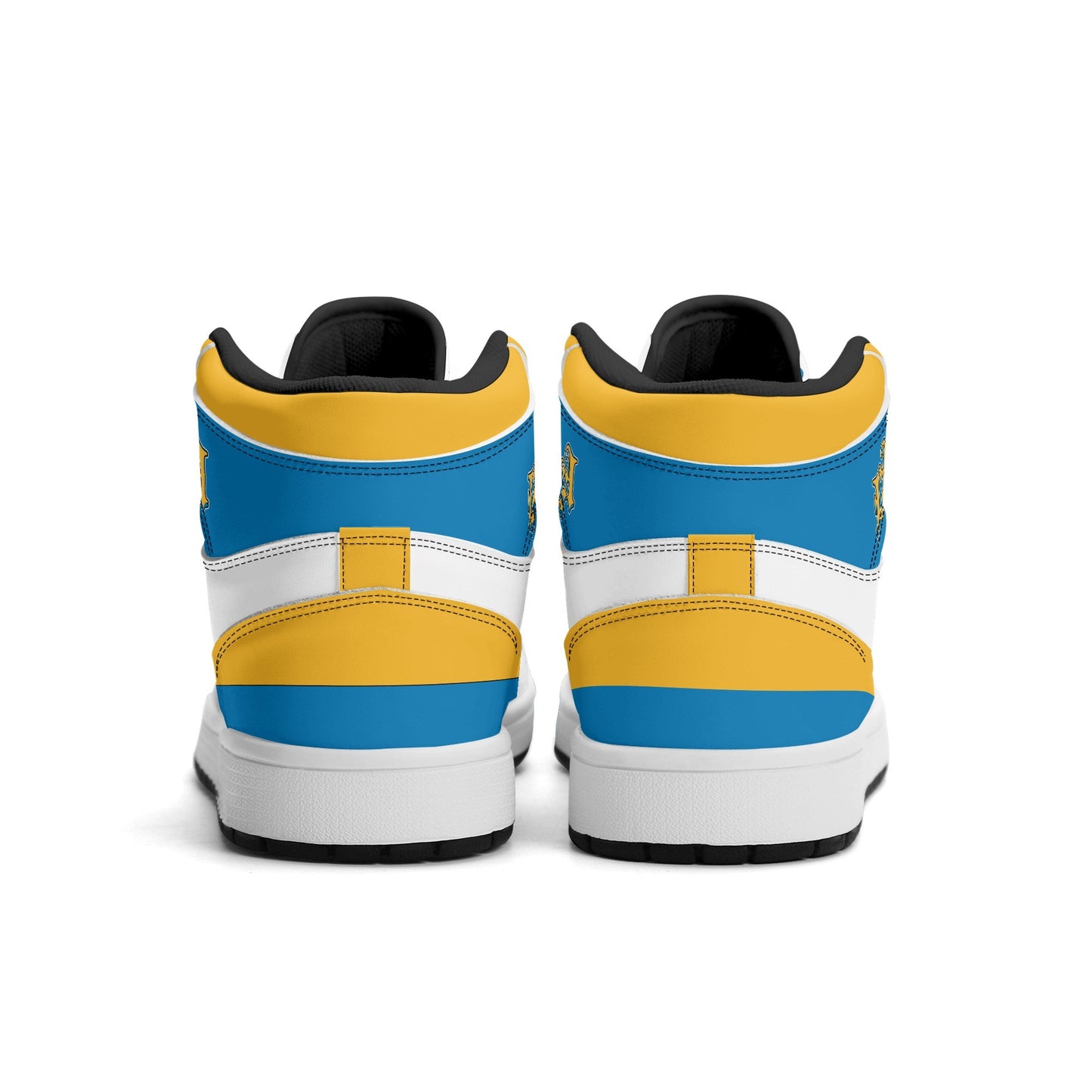 Los Angeles football-inspired Jamrock High top sneakers in blue, gold and white with LA monogram collar and skyline artwork inside a football