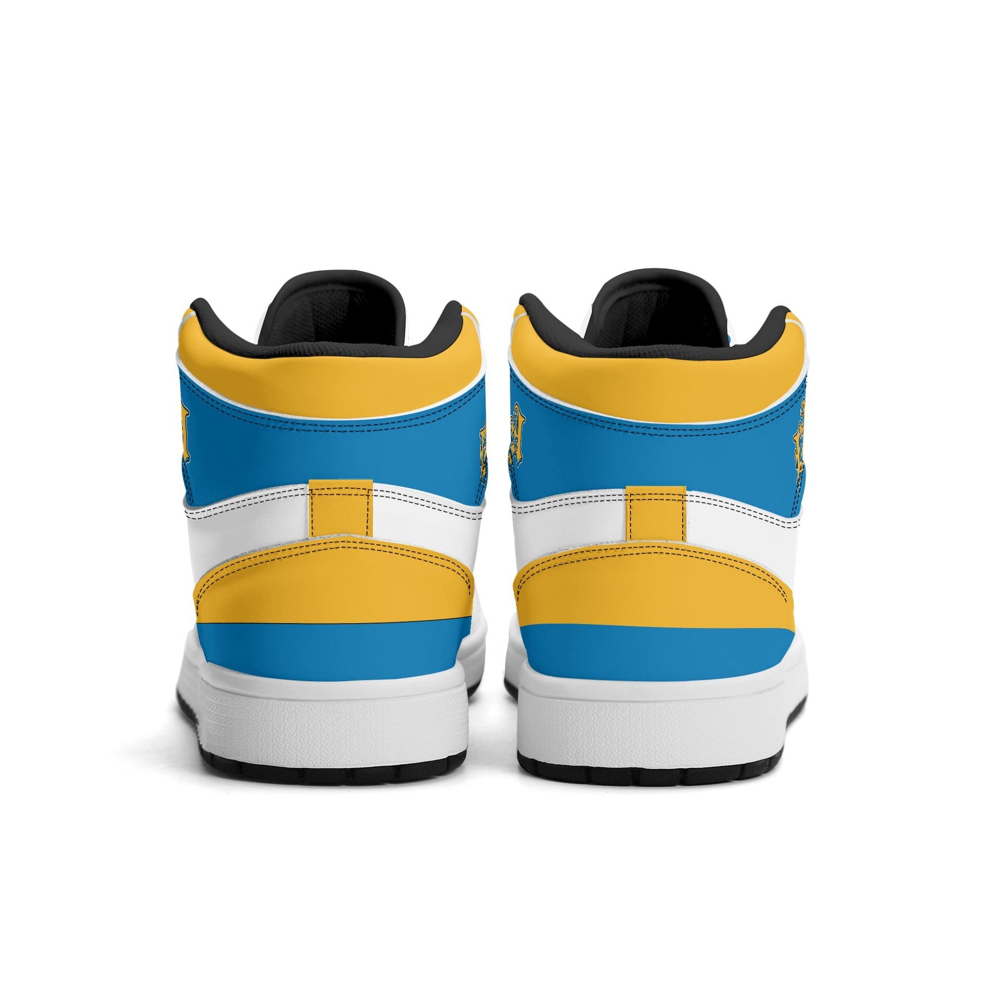 Los Angeles football-inspired Jamrock High top sneakers in blue, gold and white with LA monogram collar and skyline artwork inside a football