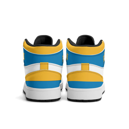 Los Angeles football-inspired Jamrock High top sneakers in blue, gold and white with LA monogram collar and skyline artwork inside a football