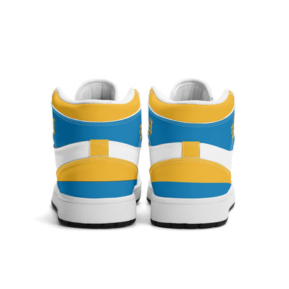Los Angeles football-inspired Jamrock High top sneakers in blue, gold and white with LA monogram collar and skyline artwork inside a football