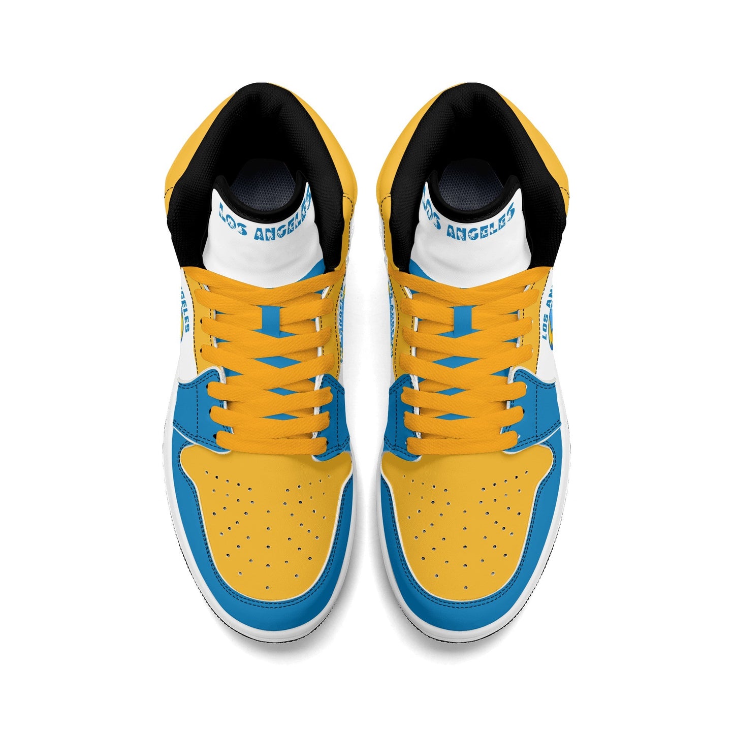 Los Angeles football-inspired Jamrock High top sneakers in blue, gold and white with LA monogram collar and skyline artwork inside a football