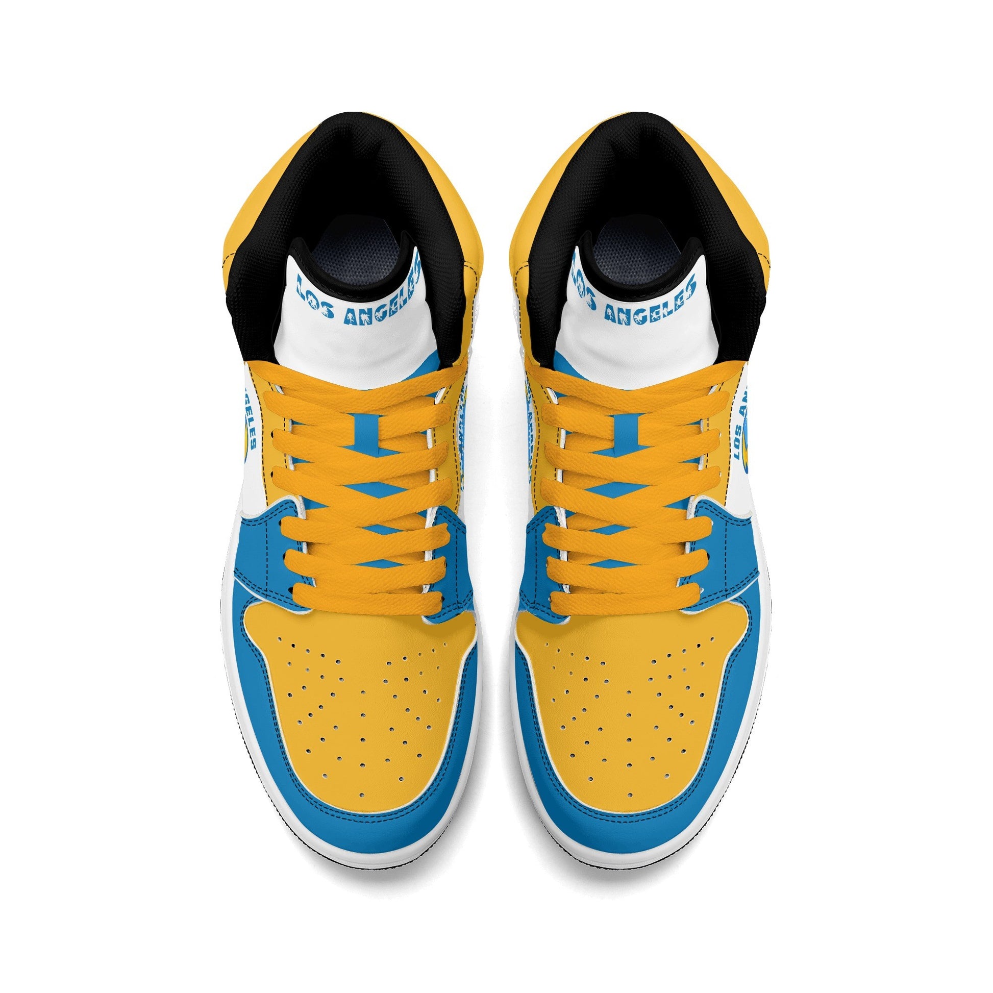 Los Angeles football-inspired Jamrock High top sneakers in blue, gold and white with LA monogram collar and skyline artwork inside a football