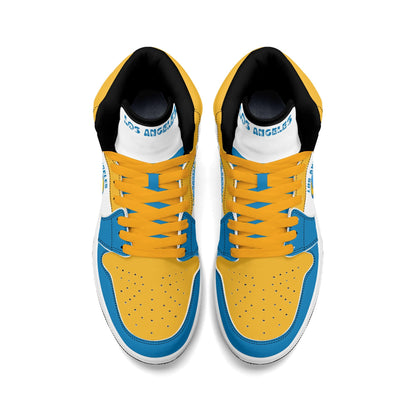 Los Angeles football-inspired Jamrock High top sneakers in blue, gold and white with LA monogram collar and skyline artwork inside a football