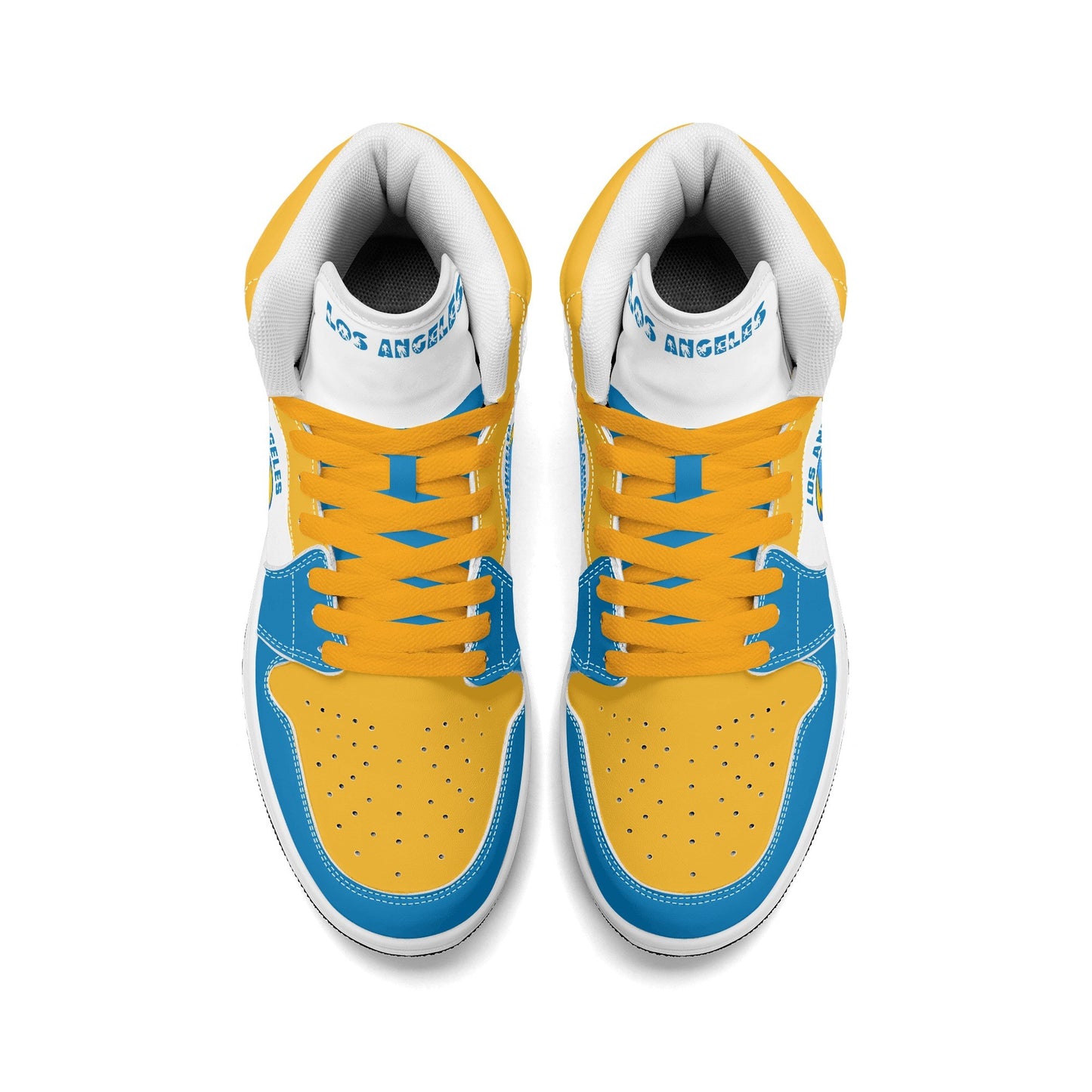 Los Angeles football-inspired Jamrock High top sneakers in blue, gold and white with LA monogram collar and skyline artwork inside a football