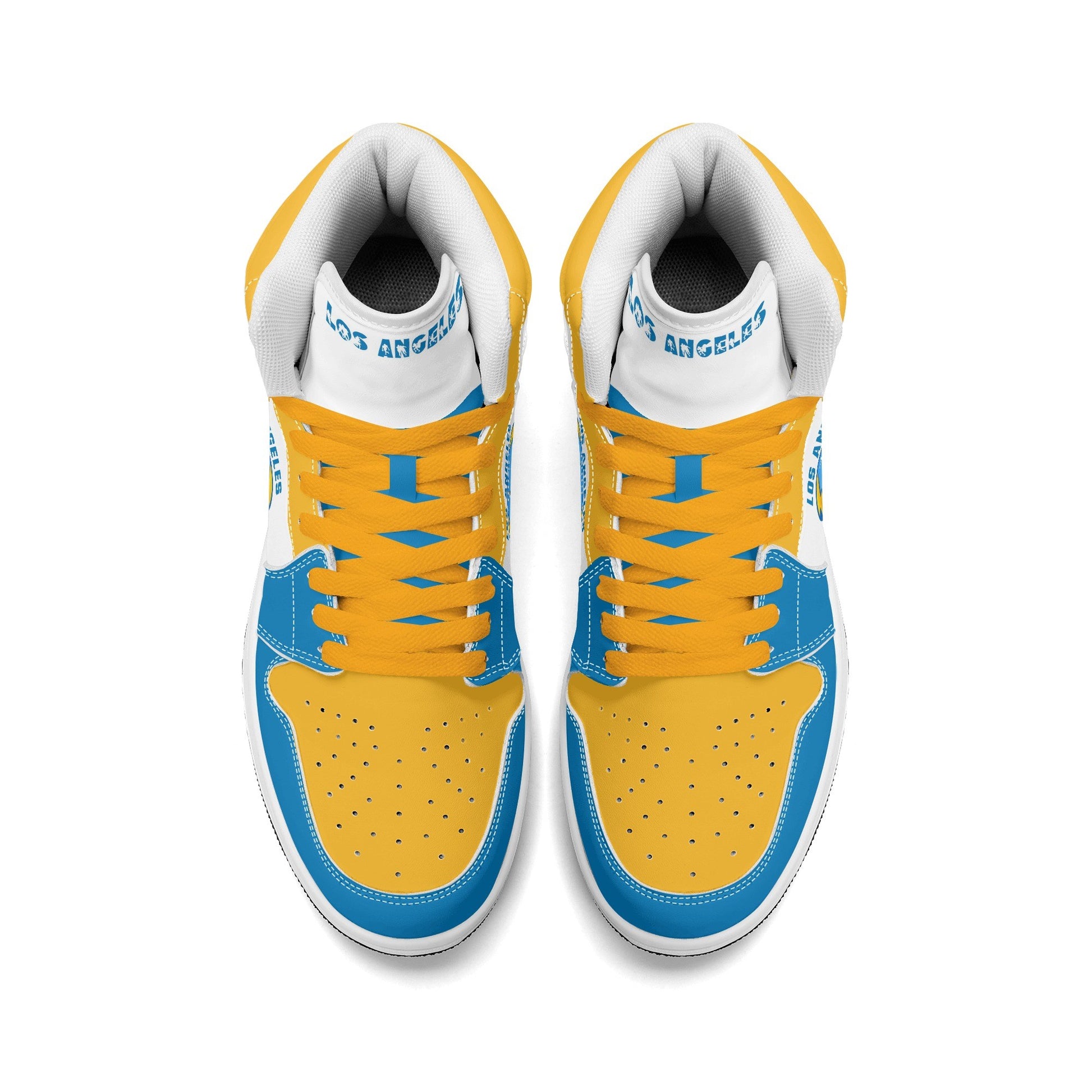 Los Angeles football-inspired Jamrock High top sneakers in blue, gold and white with LA monogram collar and skyline artwork inside a football