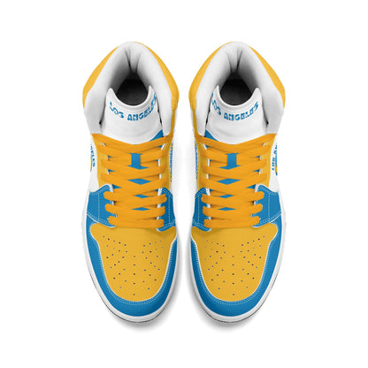 Los Angeles football-inspired Jamrock High top sneakers in blue, gold and white with LA monogram collar and skyline artwork inside a football
