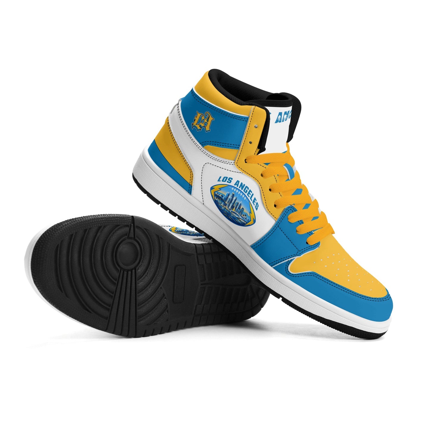 Los Angeles football-inspired Jamrock High top sneakers in blue, gold and white with LA monogram collar and skyline artwork inside a football