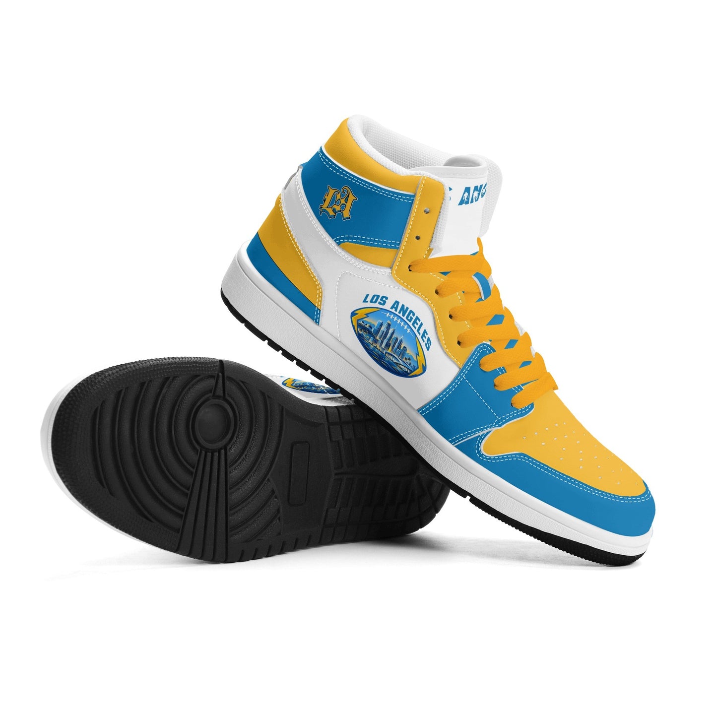 Los Angeles football-inspired Jamrock High top sneakers in blue, gold and white with LA monogram collar and skyline artwork inside a football