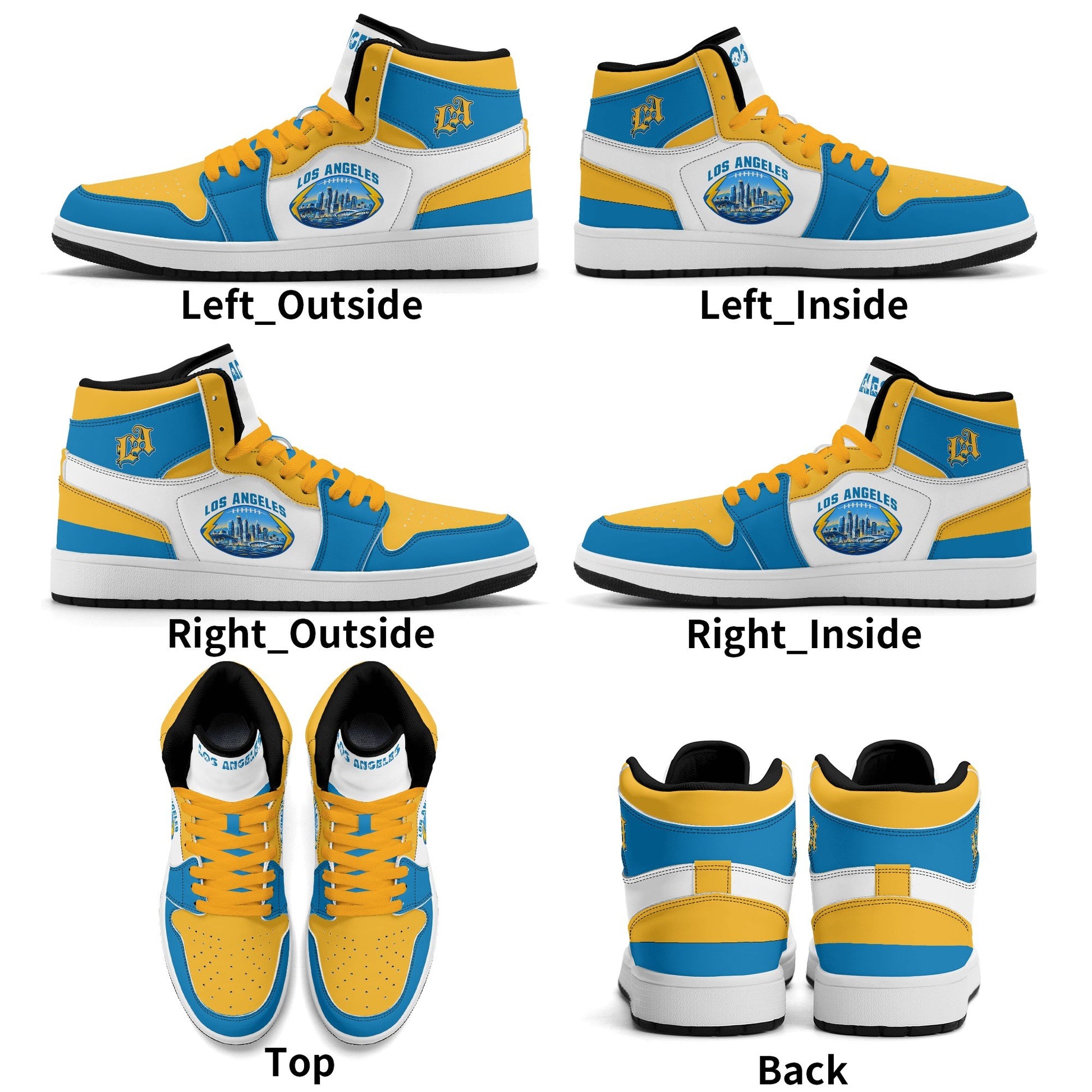 Los Angeles football-inspired Jamrock High top sneakers in blue, gold and white with LA monogram collar and skyline artwork inside a football