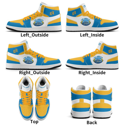 Los Angeles football-inspired Jamrock High top sneakers in blue, gold and white with LA monogram collar and skyline artwork inside a football
