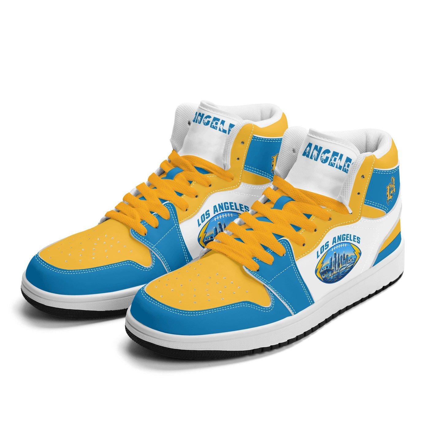 Los Angeles football-inspired Jamrock High top sneakers in blue, gold and white with LA monogram collar and skyline artwork inside a football