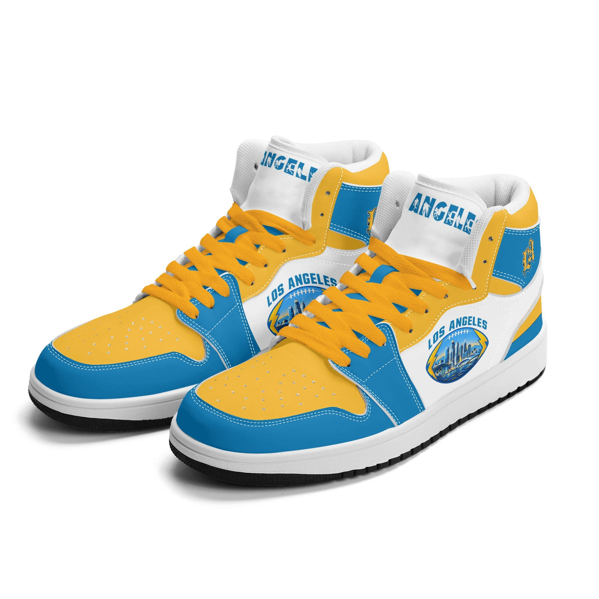 Los Angeles football-inspired Jamrock High top sneakers in blue, gold and white with LA monogram collar and skyline artwork inside a football