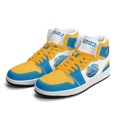 Los Angeles football-inspired Jamrock High top sneakers in blue, gold and white with LA monogram collar and skyline artwork inside a football