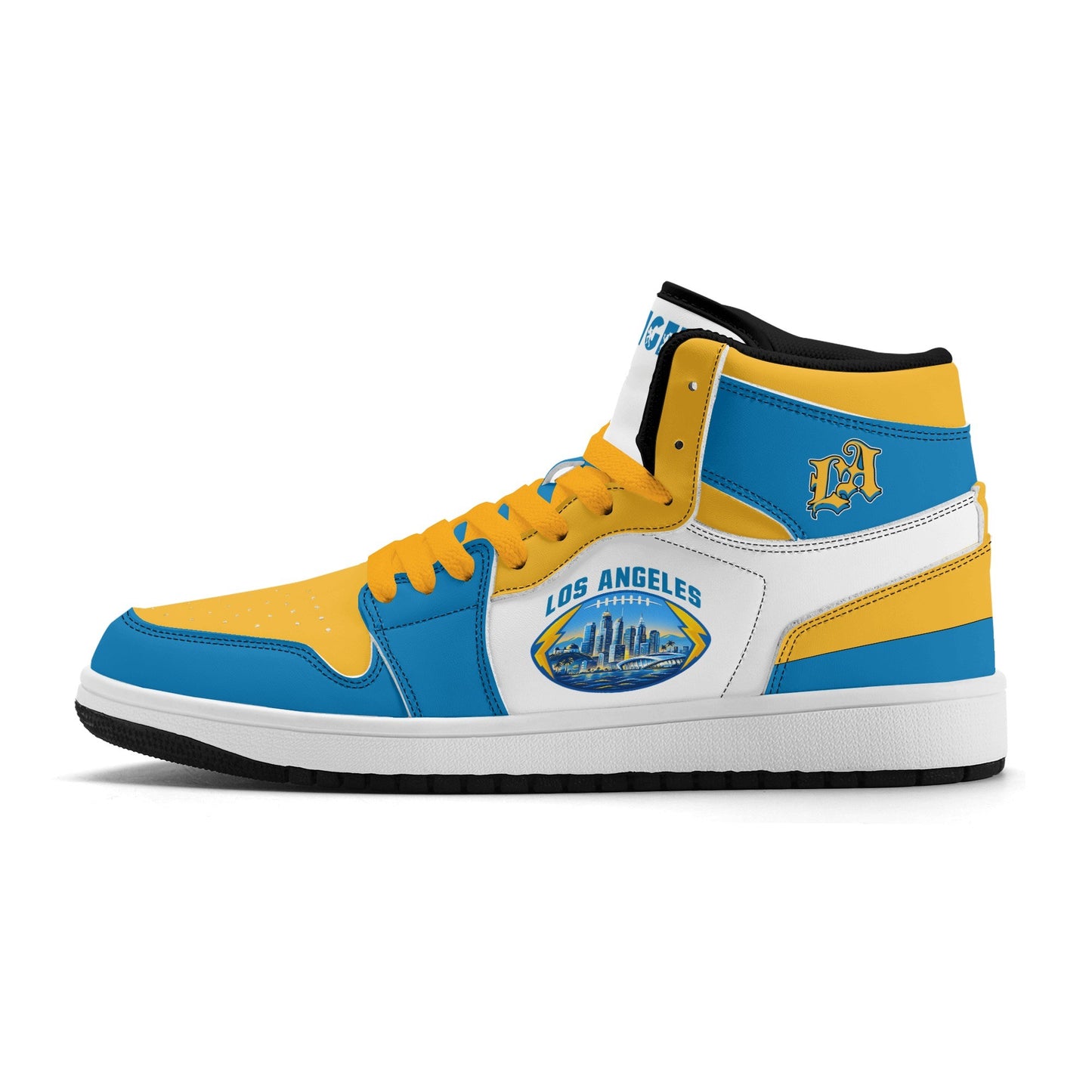 Los Angeles football-inspired Jamrock High top sneakers in blue, gold and white with LA monogram collar and skyline artwork inside a football