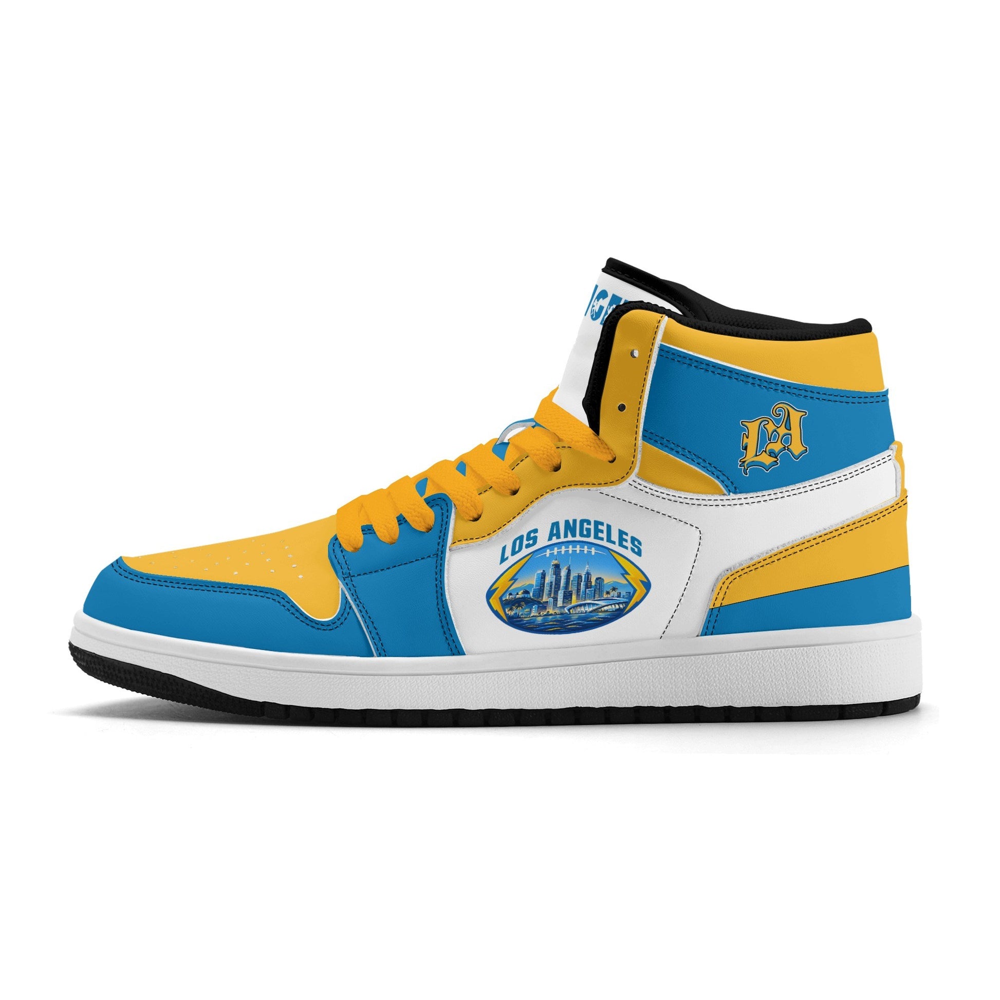 Los Angeles football-inspired Jamrock High top sneakers in blue, gold and white with LA monogram collar and skyline artwork inside a football