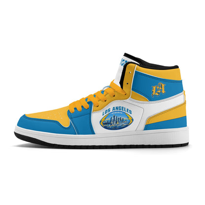 Los Angeles football-inspired Jamrock High top sneakers in blue, gold and white with LA monogram collar and skyline artwork inside a football
