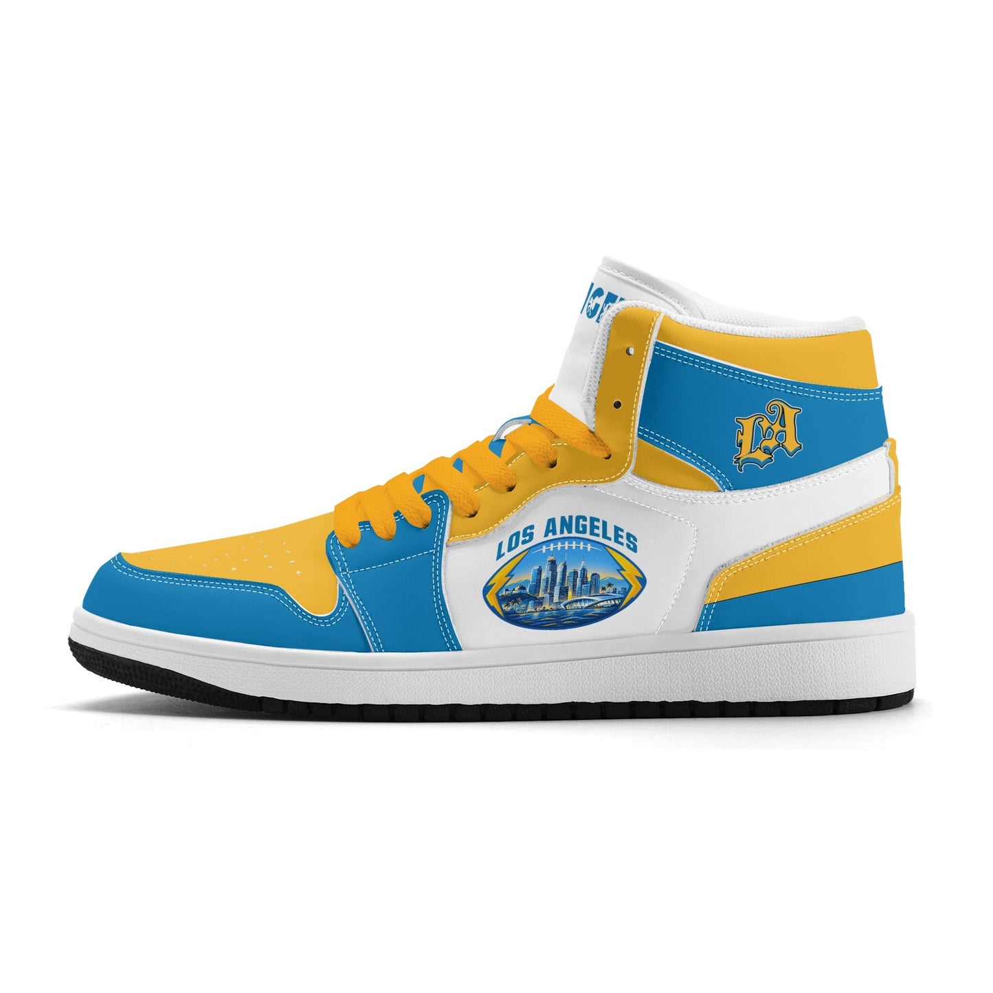 Los Angeles football-inspired Jamrock High top sneakers in blue, gold and white with LA monogram collar and skyline artwork inside a football