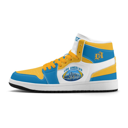 Los Angeles football-inspired Jamrock High top sneakers in blue, gold and white with LA monogram collar and skyline artwork inside a football