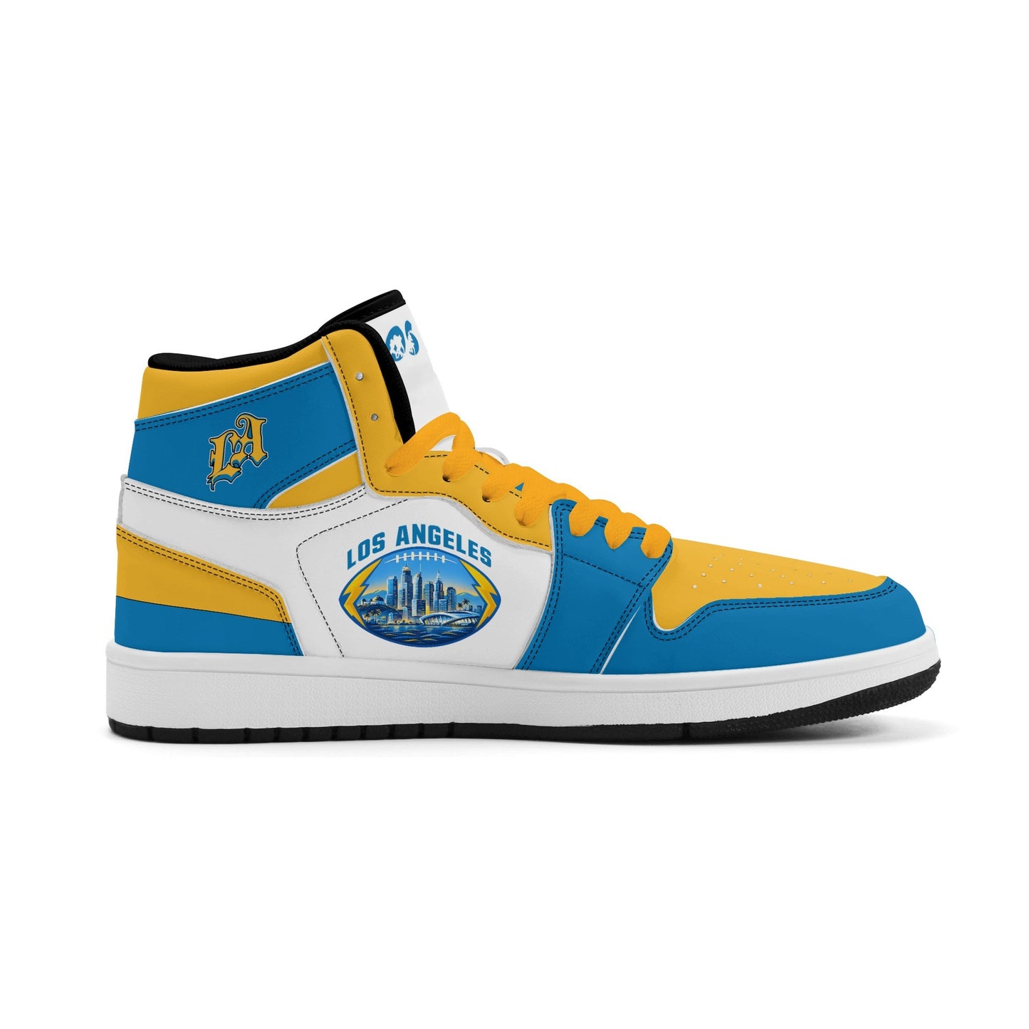 Los Angeles football-inspired Jamrock High top sneakers in blue, gold and white with LA monogram collar and skyline artwork inside a football