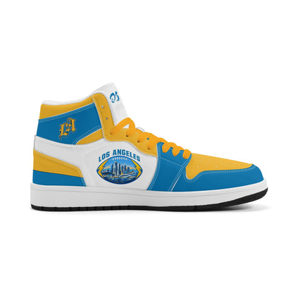 Los Angeles football-inspired Jamrock High top sneakers in blue, gold and white with LA monogram collar and skyline artwork inside a football