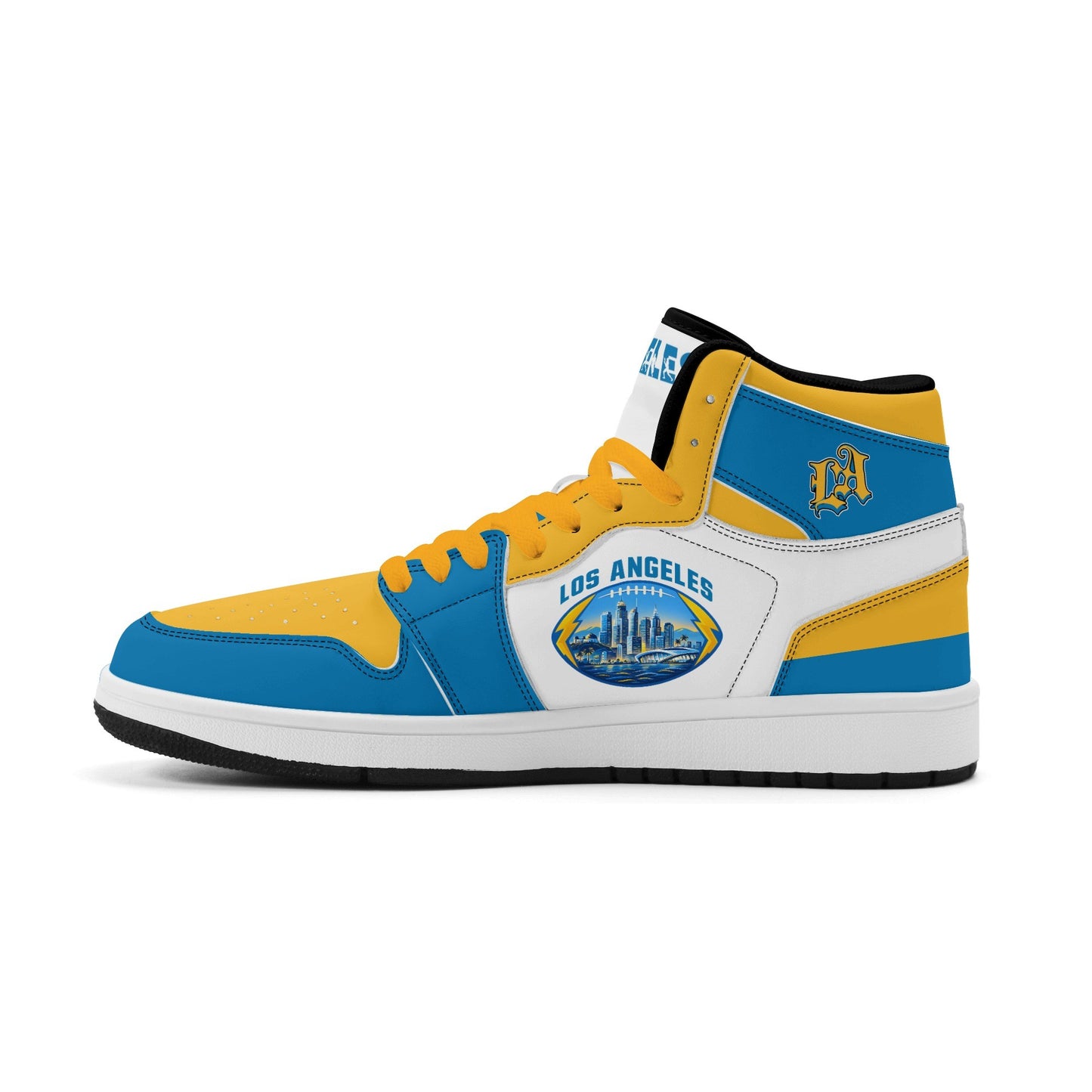 Los Angeles football-inspired Jamrock High top sneakers in blue, gold and white with LA monogram collar and skyline artwork inside a football