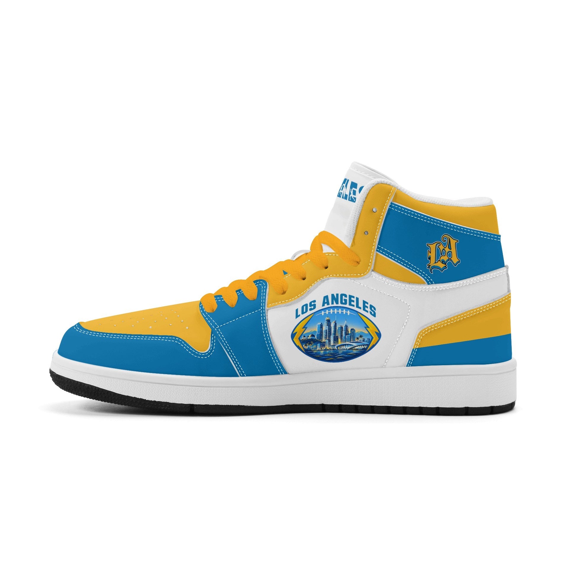 Los Angeles football-inspired Jamrock High top sneakers in blue, gold and white with LA monogram collar and skyline artwork inside a football
