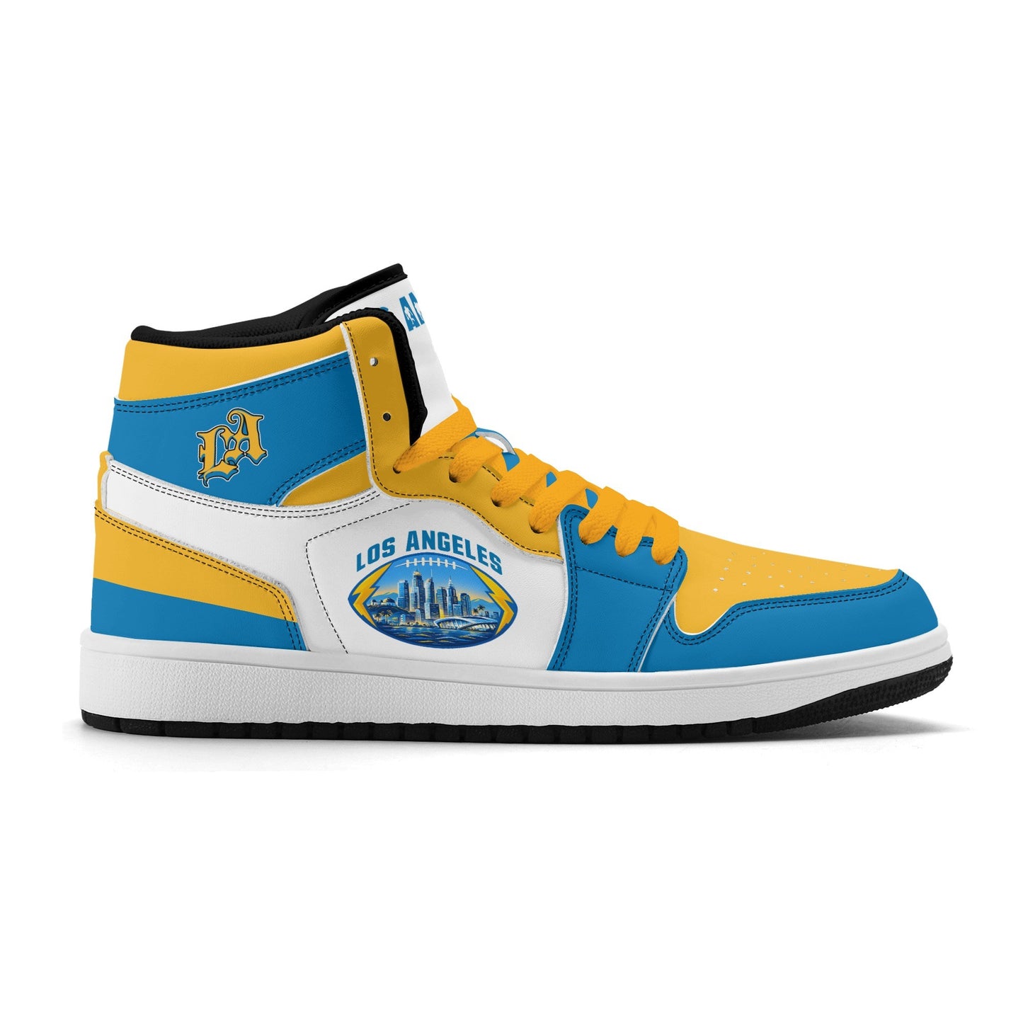 Los Angeles football-inspired Jamrock High top sneakers in blue, gold and white with LA monogram collar and skyline artwork inside a football